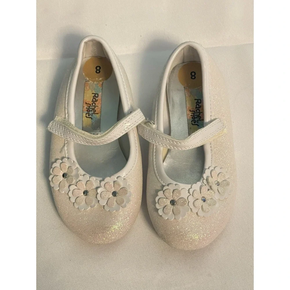 Rachel Shoes Girls Size 8  Ivory,‎ Gold, Glitter Flowers Bin3